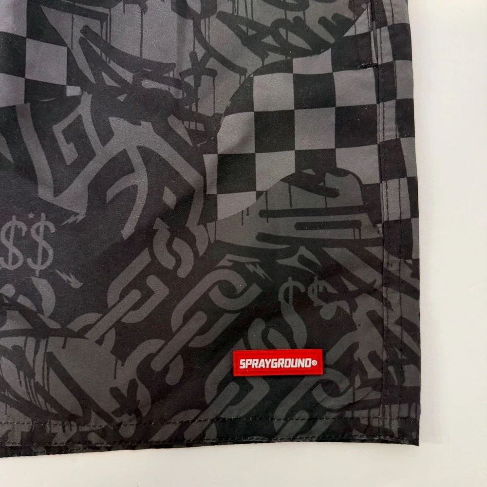 Sprayground Swim Shorts Mens Small Black Gray Checkered Graffiti Limited Edition